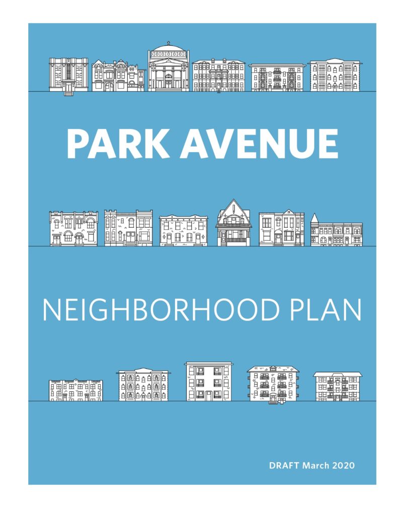 Cover of Park Avenue Neighborhood Plan PDF [ shows rows of illustrated neighborhood buildings on a blue background ]